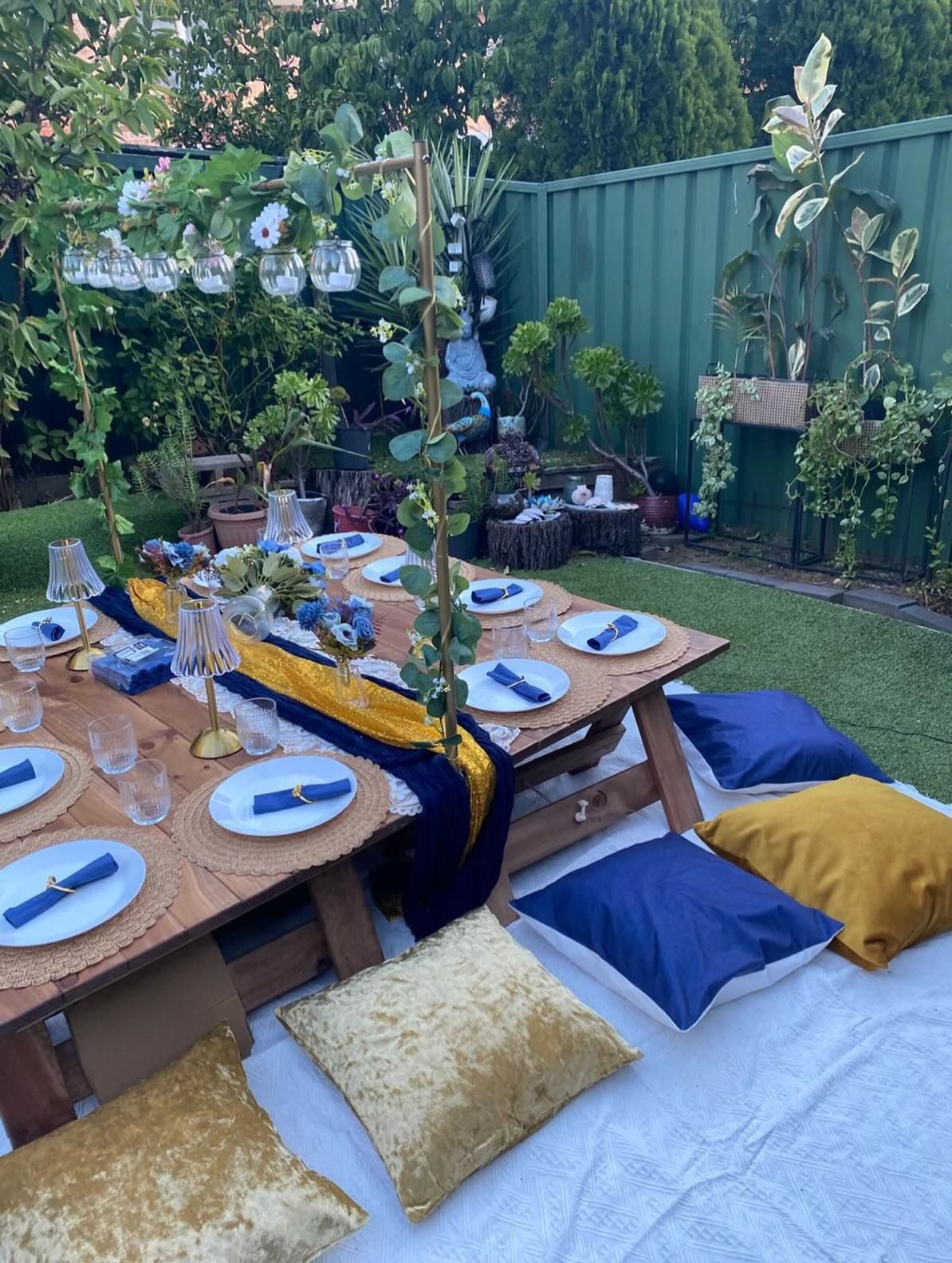 Navy and gold styled backyard picnic