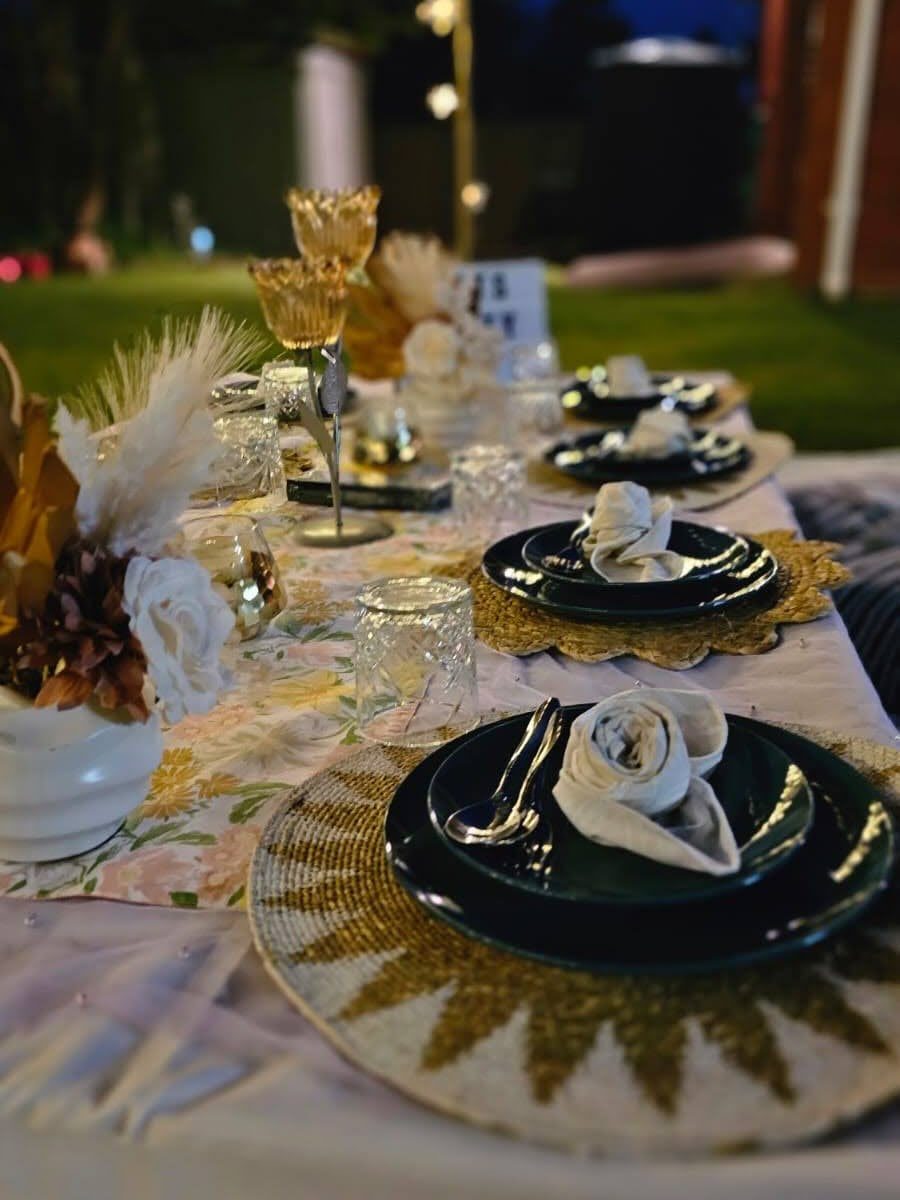 Evening picnic setup in gold tones